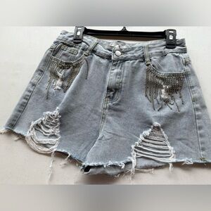NWT Distressed Denim Jean Shorts with Rhinestones Fringes Detail. Size L,XL,XXL.